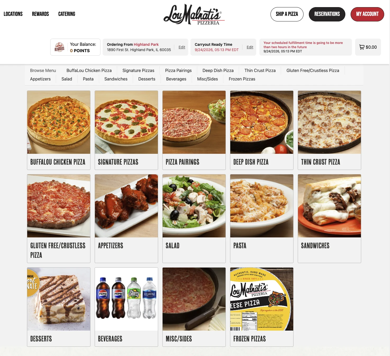 Lou Malnati's online ordering interface